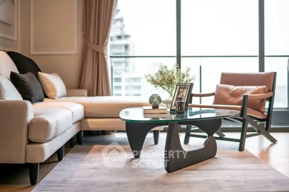 Luxurious living room with modern furniture and large windows offering city views.