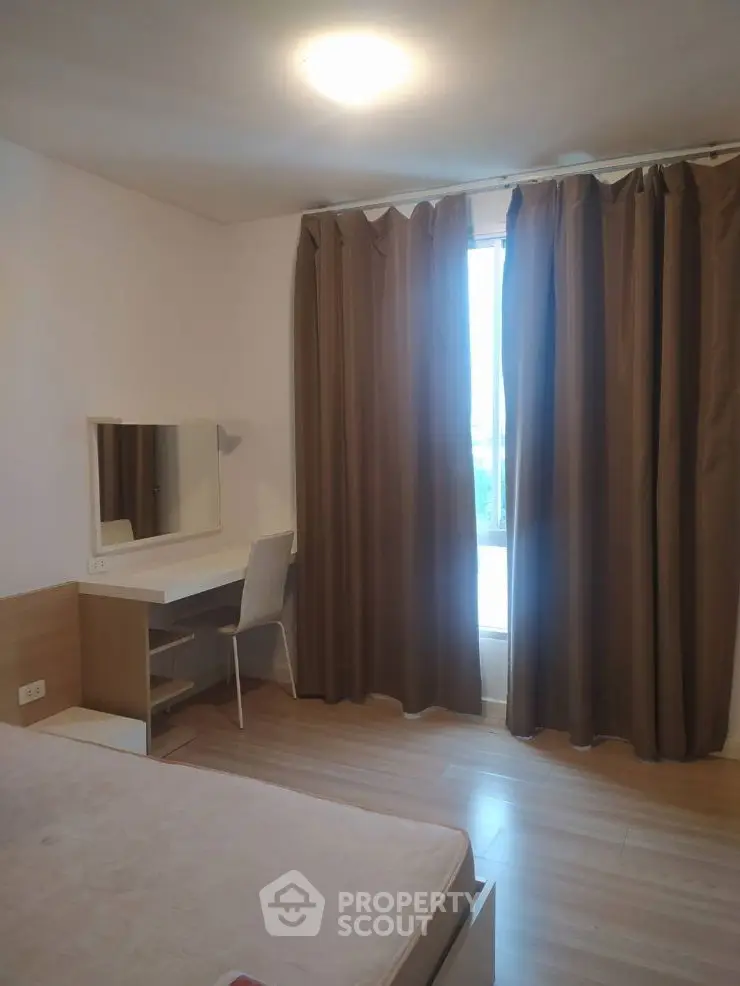 Modern bedroom with stylish curtains and cozy ambiance