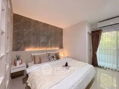 Luxurious bedroom with elegant decor and natural light, featuring a cozy bed and stylish accents.