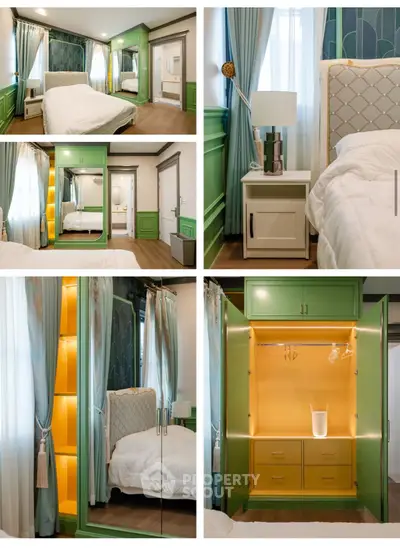 Luxurious bedroom with green accents and elegant decor, featuring a spacious wardrobe and stylish lighting.