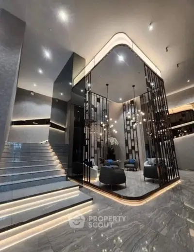 Luxurious modern lobby with elegant lighting and sleek design