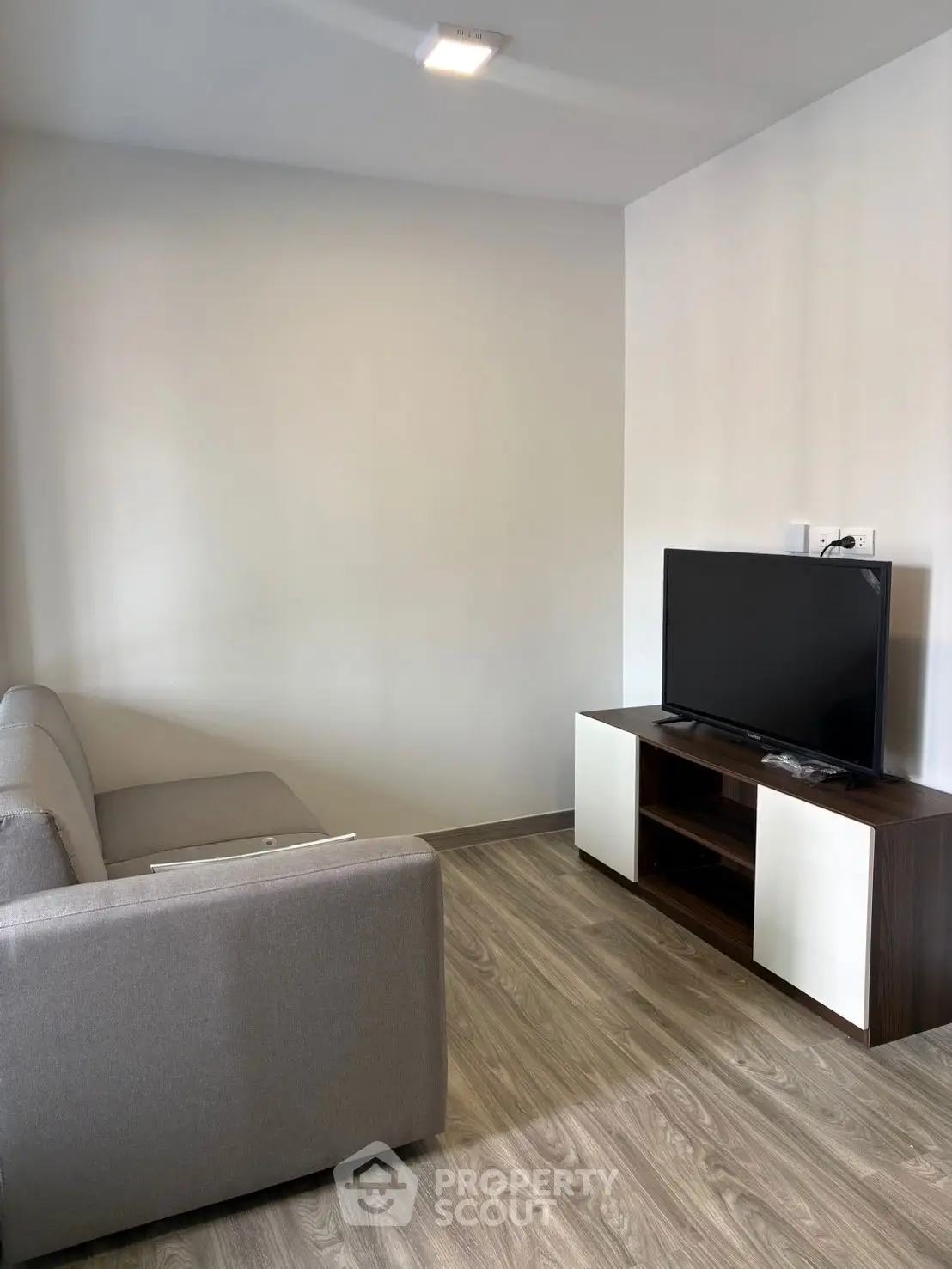 Modern living room with sleek TV stand and cozy gray sofa