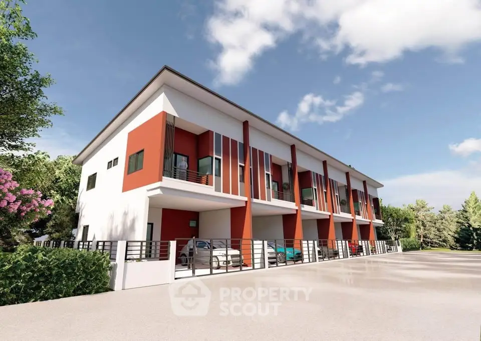 Modern townhouse exterior with spacious parking and contemporary design.