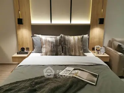 Luxurious bedroom with modern decor and ambient lighting