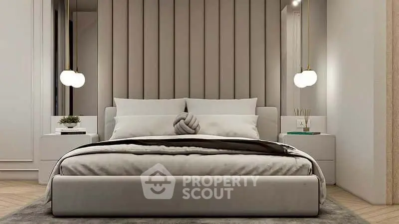 Luxurious modern bedroom with elegant lighting and plush bedding