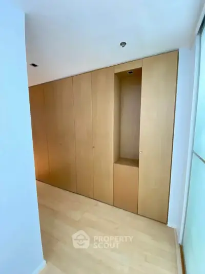 Spacious built-in wooden wardrobe in modern apartment