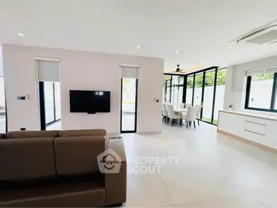 Spacious modern living room with open layout and large windows