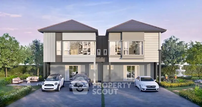 Modern duplex house with two-car driveway and lush garden surroundings