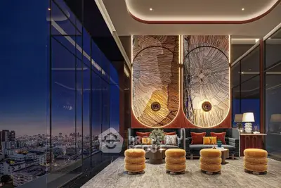 Luxurious modern living room with stunning city view and artistic wall decor
