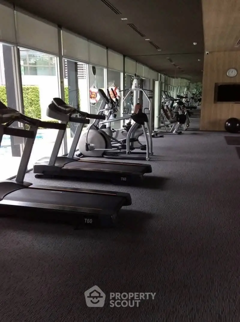 Modern gym with state-of-the-art equipment and large windows overlooking greenery.