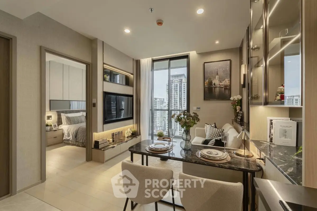 Modern open-plan living room with dining area and city view