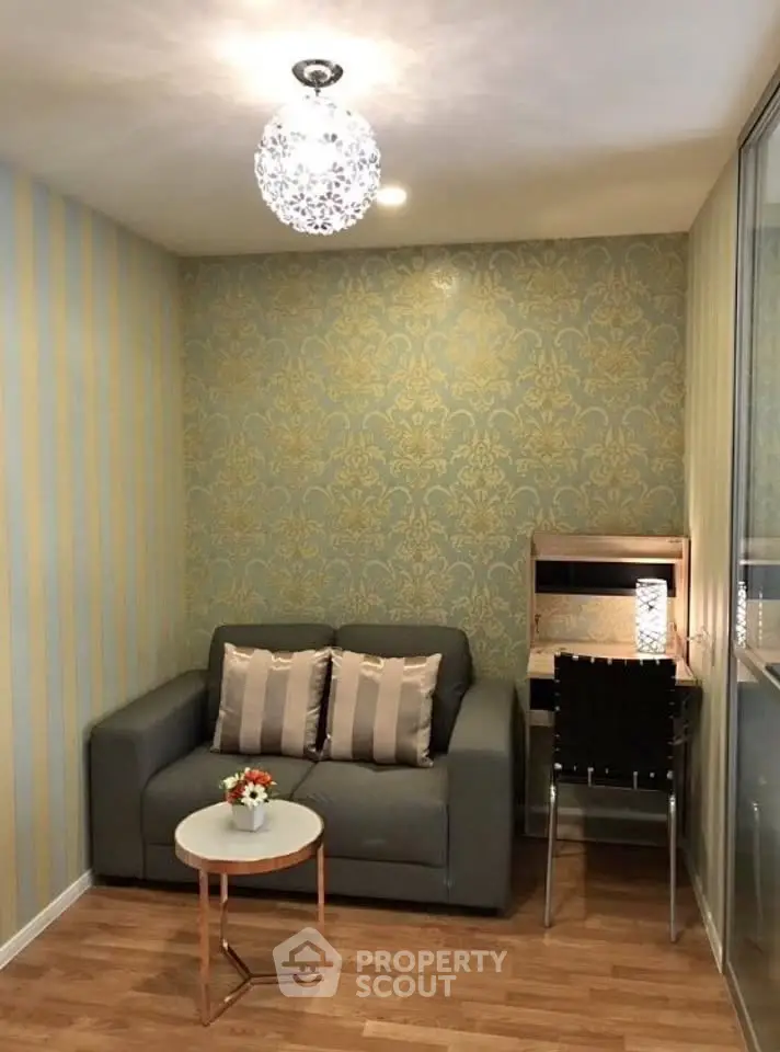 Cozy living room with elegant wallpaper and modern furniture