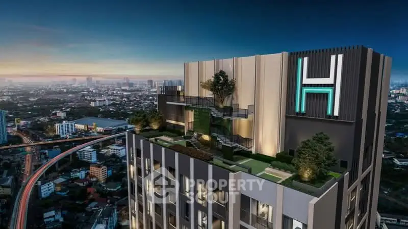 Stunning rooftop view of modern high-rise building with lush greenery and cityscape backdrop.