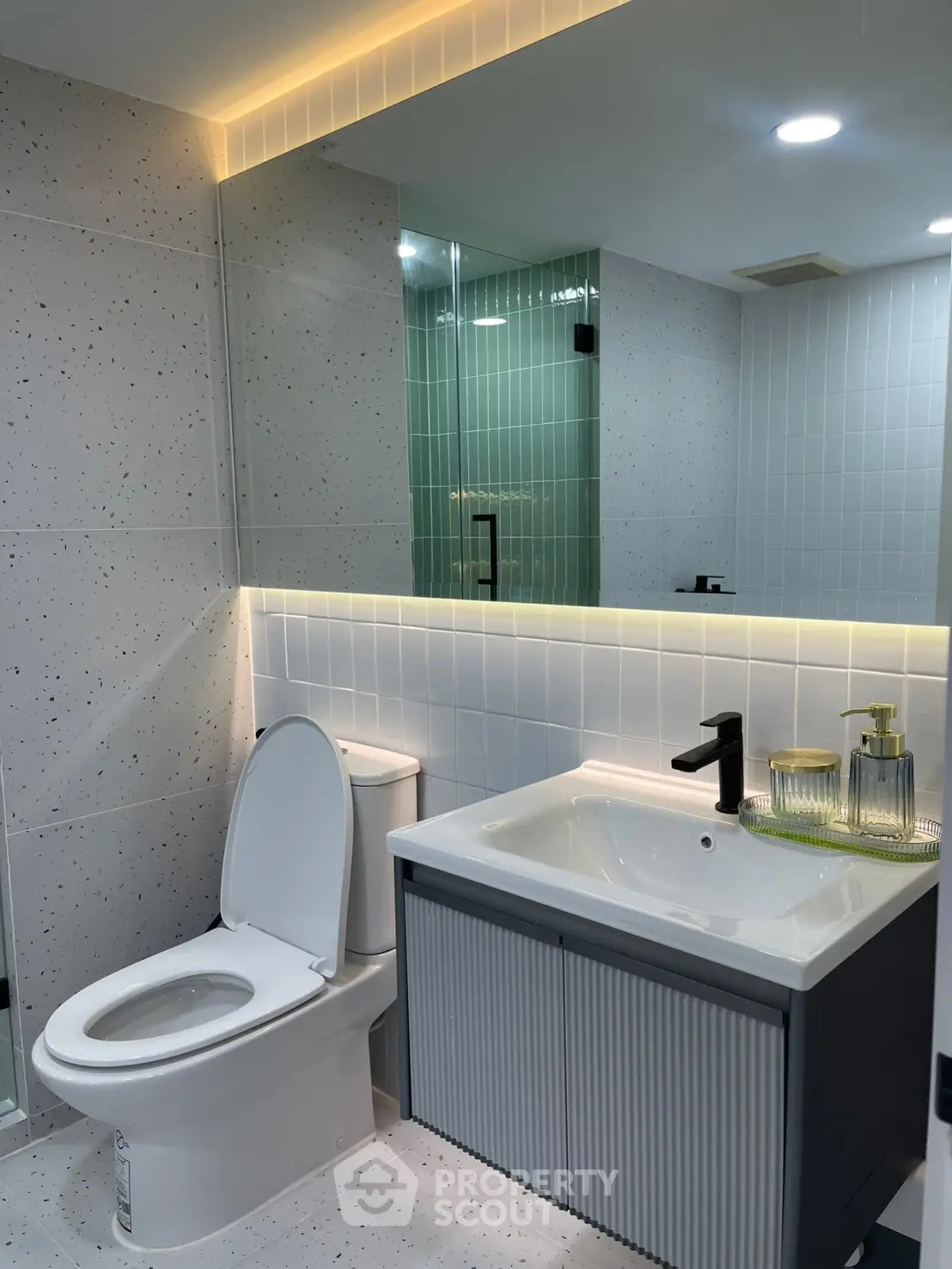 Modern bathroom with sleek fixtures and ambient lighting