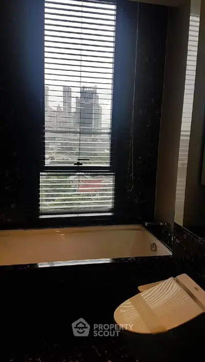 Luxurious bathroom with city view, featuring a modern bathtub and sleek design.