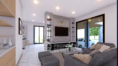 Modern living room with marble accents and open layout, featuring cozy seating and large windows.