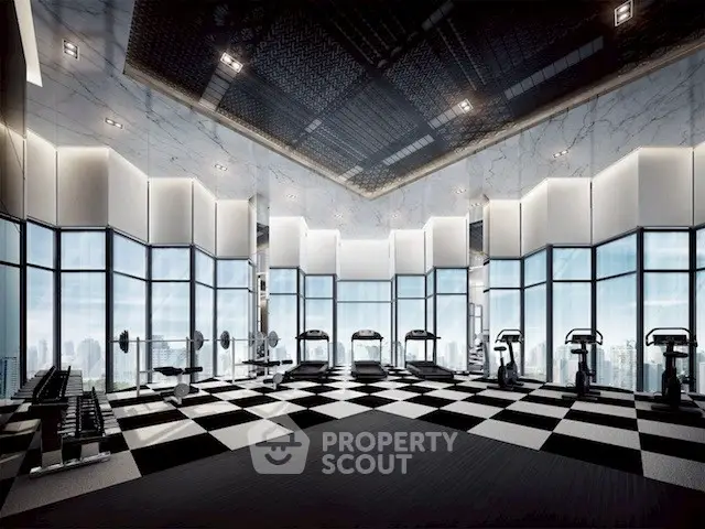 Luxurious high-rise gym with panoramic city views and modern fitness equipment.