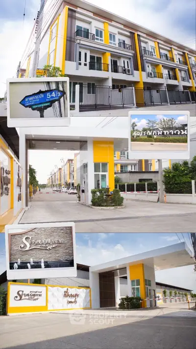 Modern townhouse complex with vibrant yellow accents and secure entrance gate