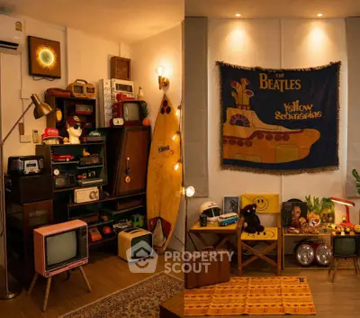 Retro-themed living room with vintage decor and Beatles memorabilia, showcasing a unique and nostalgic atmosphere.