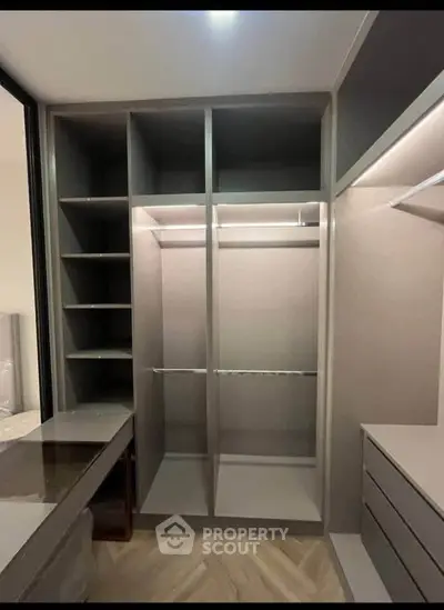 Spacious walk-in closet with modern shelving and ample storage space.