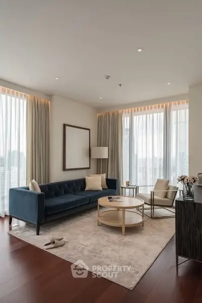 Elegant modern living room with large windows and stylish furniture