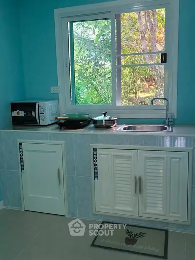 Charming kitchen with a window view, featuring a microwave and modern cabinetry, perfect for cozy cooking.