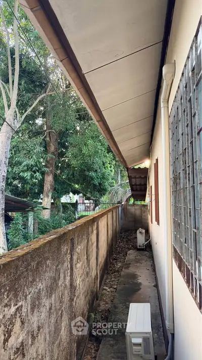 Narrow exterior walkway beside a residential building with lush greenery.