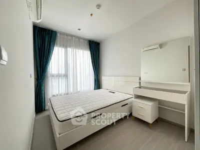 Modern minimalist bedroom with large window and stylish furniture