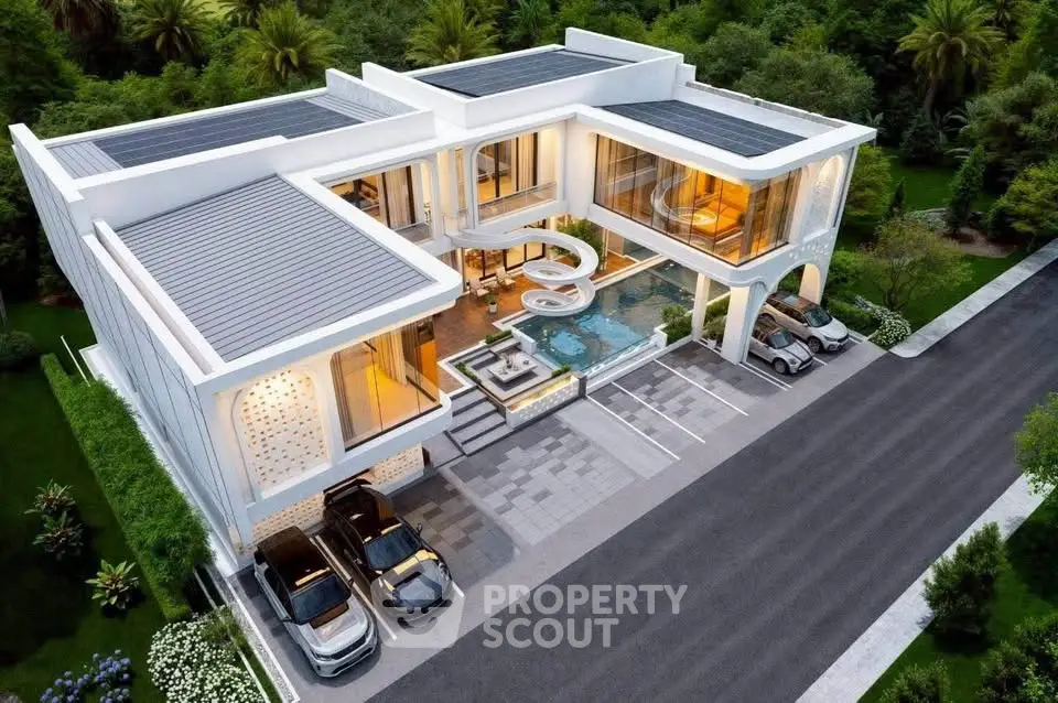 Luxurious modern mansion with solar panels, pool, and sleek carport in lush green setting.