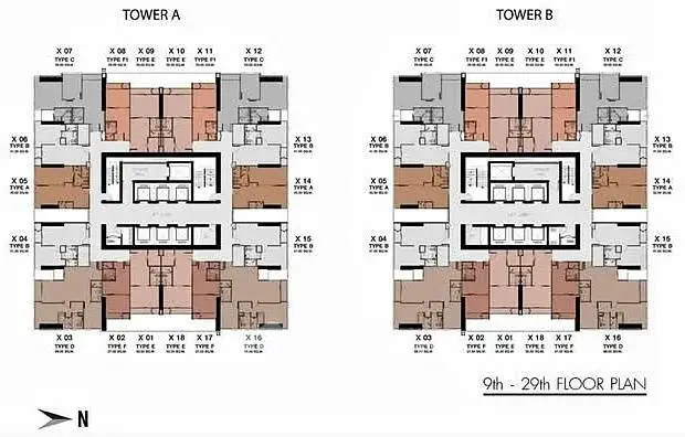 Detailed floor plan of Tower A and Tower B from 9th to 29th floor, showcasing apartment layouts.