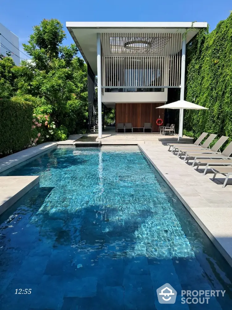 Luxurious modern villa with private pool and lush greenery, perfect for relaxation and entertainment.