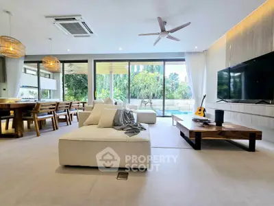 Spacious modern living room with large windows and stylish decor