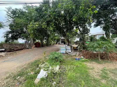 Spacious garden area with lush trees and rustic charm, perfect for landscaping potential.