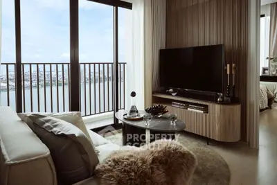 Luxurious living room with stunning city view from high-rise balcony, modern decor and cozy ambiance.