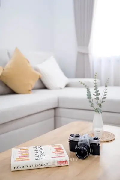 Cozy living room with stylish decor, featuring a plush sofa, decorative pillows, and a wooden coffee table with a camera.