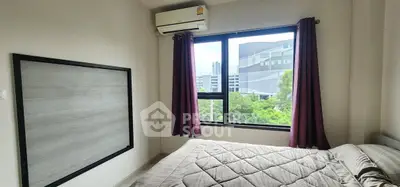 Modern bedroom with large window and air conditioning, offering city views.