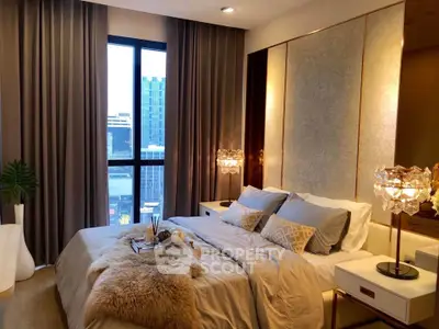 Luxurious bedroom with elegant decor and city view, featuring plush bedding and stylish lighting.