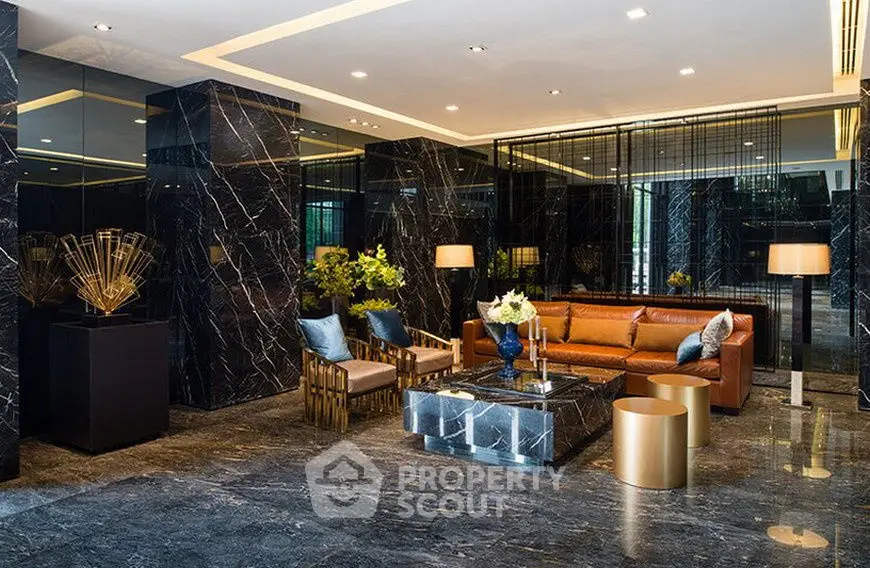 Luxurious modern living room with marble floors and elegant decor