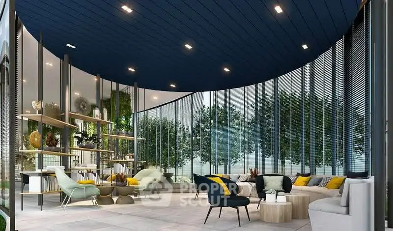 Luxurious modern living room with floor-to-ceiling windows and stylish furniture in a contemporary setting.