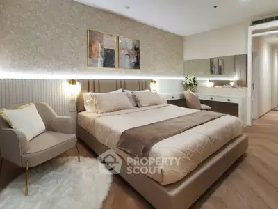 Luxurious bedroom with elegant decor and plush bedding in modern apartment