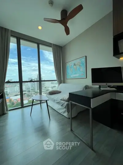Modern living room with city view, sleek furniture, and large windows.