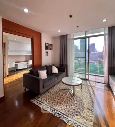 Modern living room with city view and stylish decor