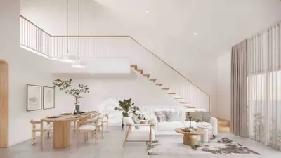 Elegant open-plan living room with modern furniture and high ceilings