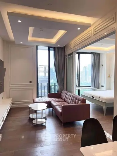 Luxurious open-plan living room with city view and modern furnishings