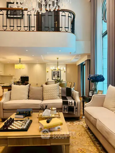 Luxurious living room with elegant decor and high ceilings in a modern apartment