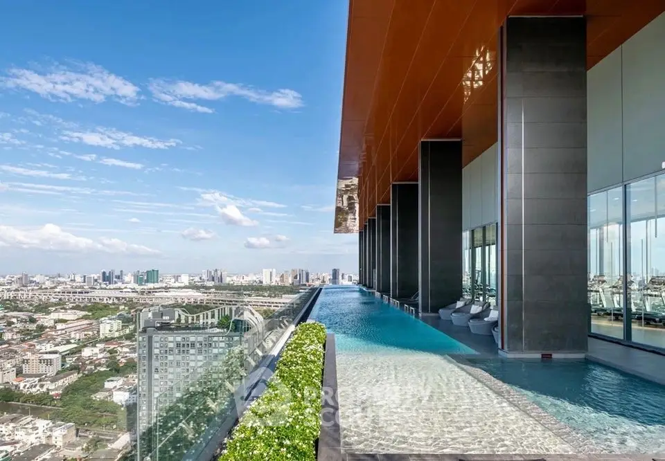 Luxurious rooftop pool with stunning city skyline view, modern design and serene ambiance.