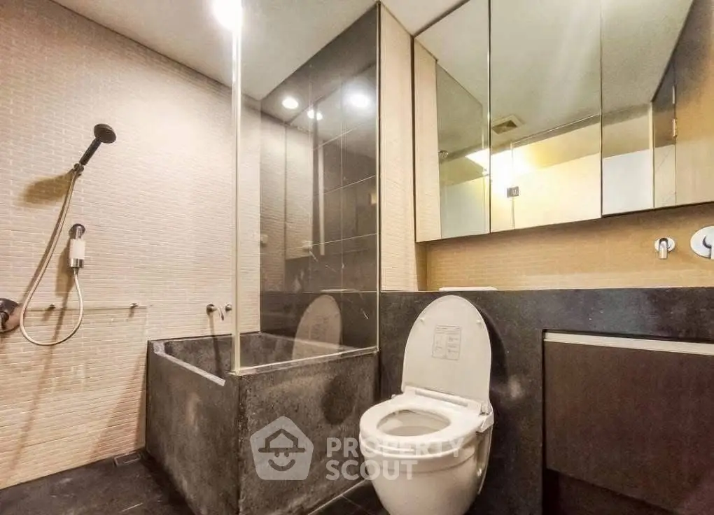 Modern bathroom with sleek design and bathtub in luxury apartment