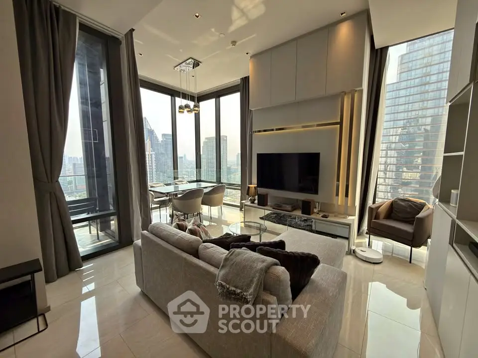 Luxurious modern living room with stunning city view and elegant decor