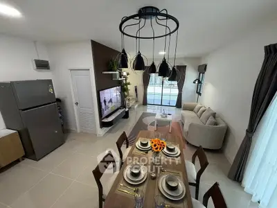Modern living room with elegant dining area and stylish decor