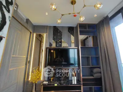 Luxurious modern living room with stylish decor and large TV